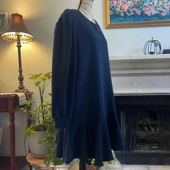La Vie Rebecca Taylor Sweater Dress XL Blue Drop Waist Ruffle Hem Pockets Chic - Picture 3 of 13